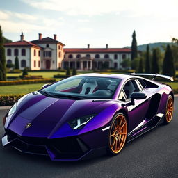 A luxurious Lamborghini Aventador in a deep purple color with golden rims and a carbon fiber hood, featuring a white and red interior upholstered with Mansory logos
