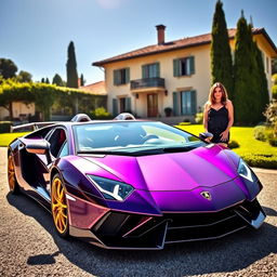 A Lamborghini Aventador in a dark purple color with golden rims and a carbon fiber hood