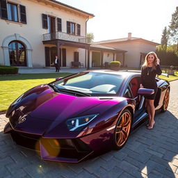 A Lamborghini Aventador in a dark purple color with golden rims and a carbon fiber hood