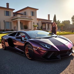 A Lamborghini Aventador in a dark purple color with golden rims and a carbon fiber hood