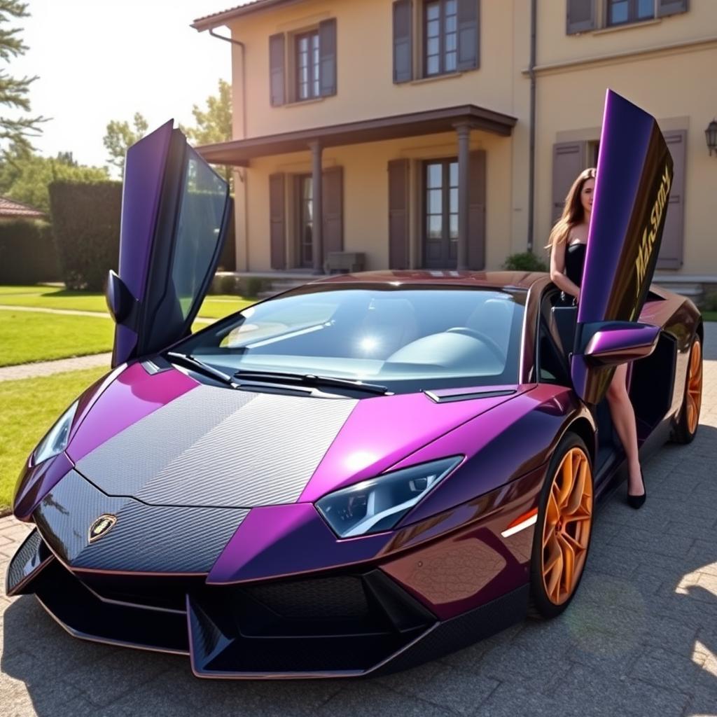 A Lamborghini Aventador in a dark purple color with golden rims and a carbon fiber hood