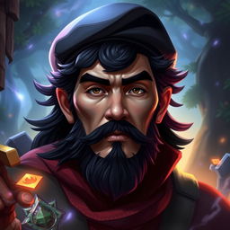 A dramatic portrait of a Dota 2 hero, resembling the character Chen, infused with the facial features of Ernesto Che Guevara