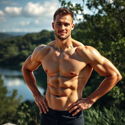 A striking portrait of an athletic naked man confidently posing against a serene natural landscape