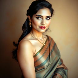 A stunning portrait of a confident woman in an elegant saree draped beautifully, showcasing rich textures and intricate patterns