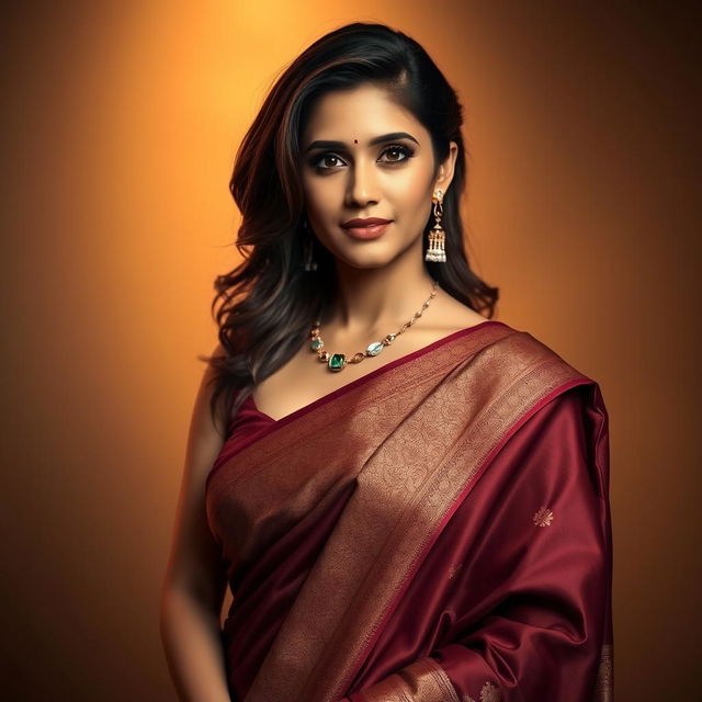 A stunning portrait of a confident woman in an elegant saree draped beautifully, showcasing rich textures and intricate patterns