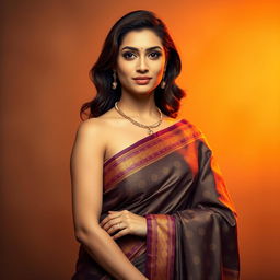 A stunning portrait of a confident woman in an elegant saree draped beautifully, showcasing rich textures and intricate patterns