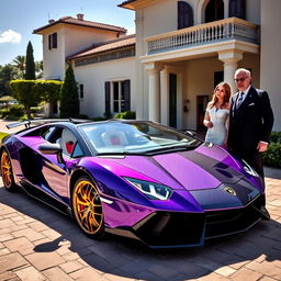 A striking purple Lamborghini Aventador with gold rims and a carbon fiber hood is parked outside a luxurious villa under the bright midday sun in Italy