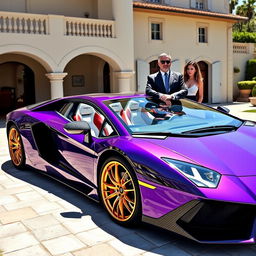 A striking purple Lamborghini Aventador with gold rims and a carbon fiber hood is parked outside a luxurious villa under the bright midday sun in Italy