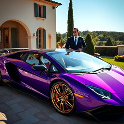 A striking purple Lamborghini Aventador with gold rims and a carbon fiber hood is parked outside a luxurious villa under the bright midday sun in Italy