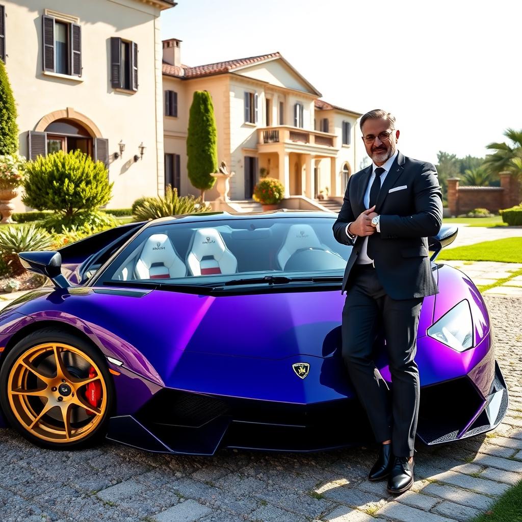 A striking purple Lamborghini Aventador with gold rims and a carbon fiber hood is parked outside a luxurious villa under the bright midday sun in Italy