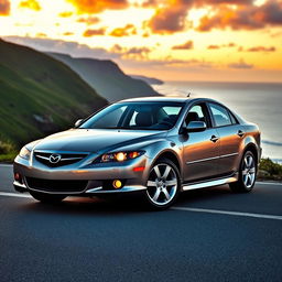 A sleek 2005 Mazda 6, showcasing its distinctive design with fluid curves and aggressive stance, parked on a scenic coastal road at sunset
