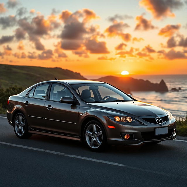 A sleek 2005 Mazda 6, showcasing its distinctive design with fluid curves and aggressive stance, parked on a scenic coastal road at sunset