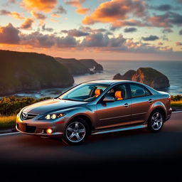 A sleek 2005 Mazda 6, showcasing its distinctive design with fluid curves and aggressive stance, parked on a scenic coastal road at sunset