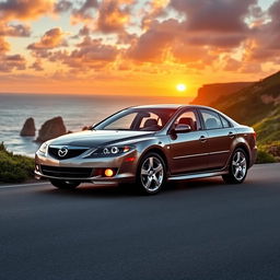 A sleek 2005 Mazda 6, showcasing its distinctive design with fluid curves and aggressive stance, parked on a scenic coastal road at sunset