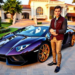 A stunning dark purple Lamborghini Aventador with golden rims and a carbon fiber hood, parked in front of a luxurious villa during the afternoon
