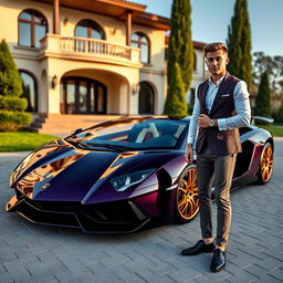 A stunning dark purple Lamborghini Aventador with golden rims and a carbon fiber hood, parked in front of a luxurious villa during the afternoon
