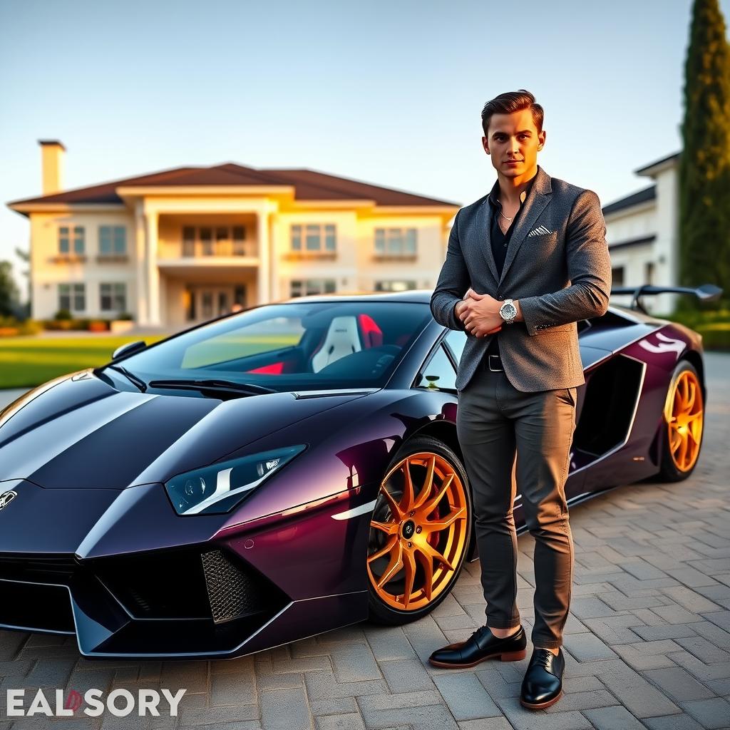 A stunning dark purple Lamborghini Aventador with golden rims and a carbon fiber hood, parked in front of a luxurious villa during the afternoon