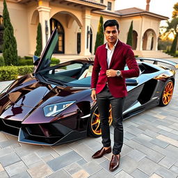 A stunning dark purple Lamborghini Aventador with golden rims and a carbon fiber hood, parked in front of a luxurious villa during the afternoon