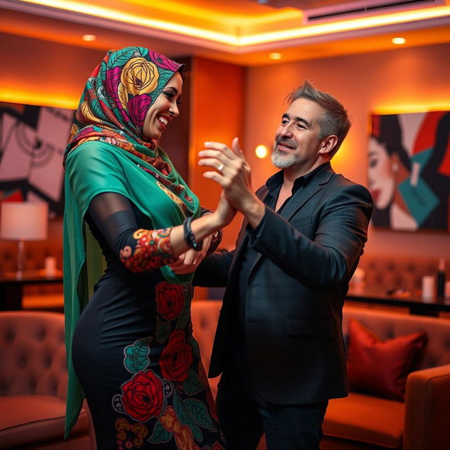 A stunning woman wearing a colorful hijab gracefully giving a lap dance to a captivated man of Caucasian descent