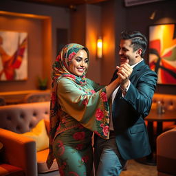 A stunning woman wearing a colorful hijab gracefully giving a lap dance to a captivated man of Caucasian descent