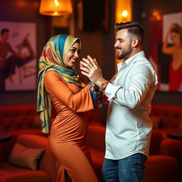 A stunning woman wearing a colorful hijab gracefully giving a lap dance to a captivated man of Caucasian descent