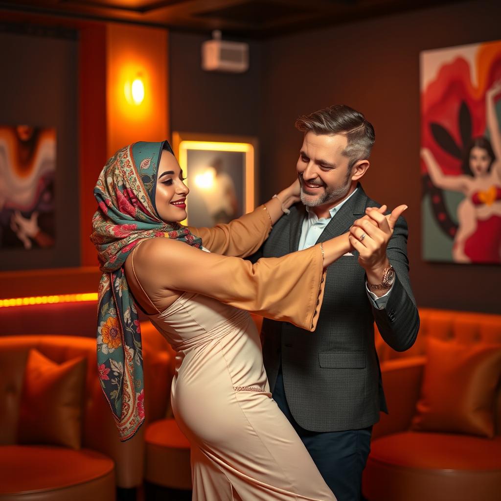 A stunning woman wearing a colorful hijab gracefully giving a lap dance to a captivated man of Caucasian descent