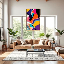 A modern living room featuring a stylish, colorful poster prominently displayed on the wall