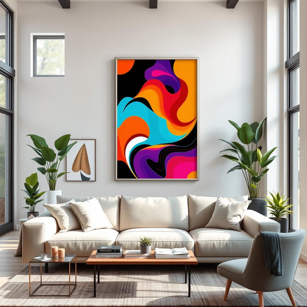 A modern living room featuring a stylish, colorful poster prominently displayed on the wall