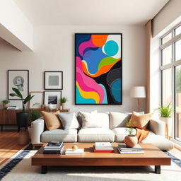 A modern living room featuring a stylish, colorful poster prominently displayed on the wall