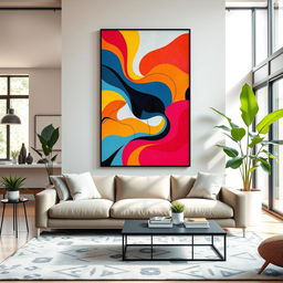 A modern living room featuring a stylish, colorful poster prominently displayed on the wall