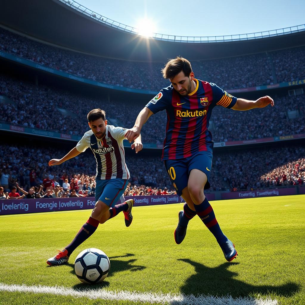 An action-packed scene depicting Lionel Messi skillfully dribbling a soccer ball past a defender on the pitch