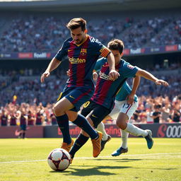 An action-packed scene depicting Lionel Messi skillfully dribbling a soccer ball past a defender on the pitch