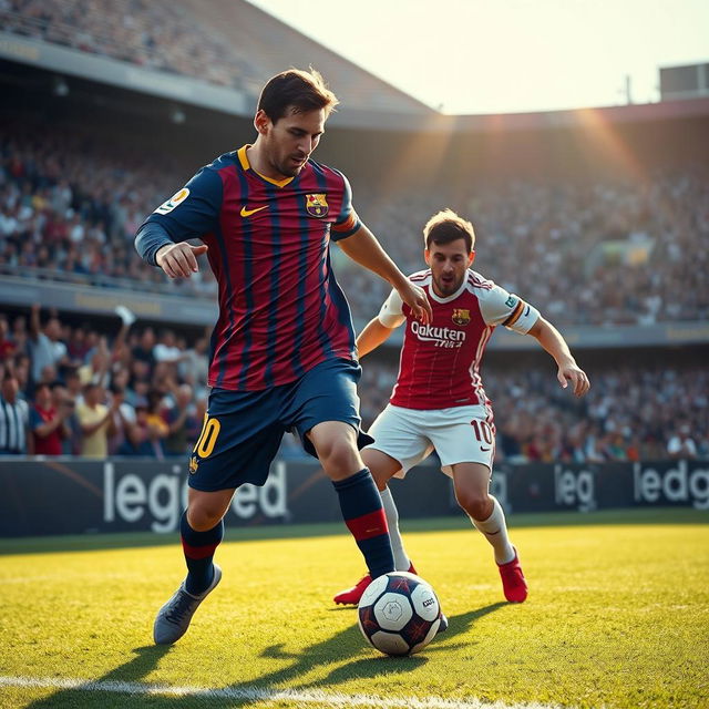 An action-packed scene depicting Lionel Messi skillfully dribbling a soccer ball past a defender on the pitch