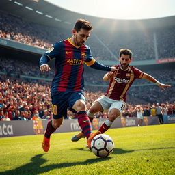 An action-packed scene depicting Lionel Messi skillfully dribbling a soccer ball past a defender on the pitch