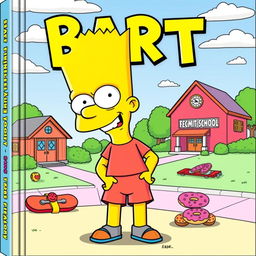 A vibrant cover illustration featuring Bart Simpson as a cute cartoon character, with his iconic spiky yellow hair, mischievous grin, and blue shorts