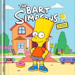 A vibrant cover illustration featuring Bart Simpson as a cute cartoon character, with his iconic spiky yellow hair, mischievous grin, and blue shorts