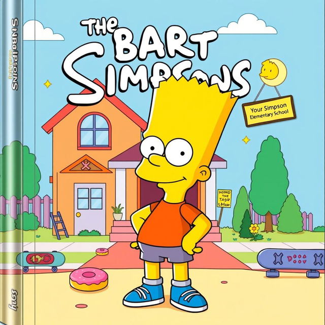 A vibrant cover illustration featuring Bart Simpson as a cute cartoon character, with his iconic spiky yellow hair, mischievous grin, and blue shorts