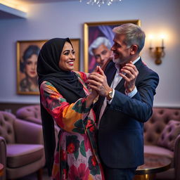 A stunning scene featuring a beautiful hijab-wearing woman giving a lap dance to a white man in a stylish lounge setting