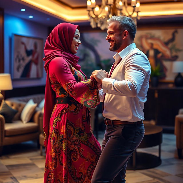 A stunning scene featuring a beautiful hijab-wearing woman giving a lap dance to a white man in a stylish lounge setting