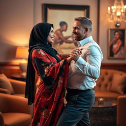 A stunning scene featuring a beautiful hijab-wearing woman giving a lap dance to a white man in a stylish lounge setting