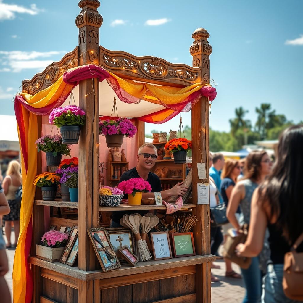 A beautifully designed small stall, showcasing a rustic wooden frame with intricate carvings and colorful fabric draped over the edges