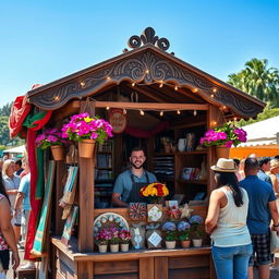 A beautifully designed small stall, showcasing a rustic wooden frame with intricate carvings and colorful fabric draped over the edges
