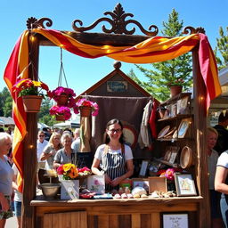 A beautifully designed small stall, showcasing a rustic wooden frame with intricate carvings and colorful fabric draped over the edges