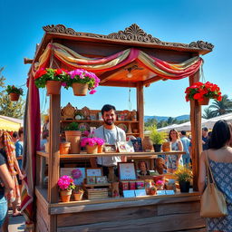 A beautifully designed small stall, showcasing a rustic wooden frame with intricate carvings and colorful fabric draped over the edges