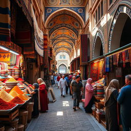 A vibrant, bustling Persian bazaar filled with colorful stalls selling spices, textiles, and handcrafted goods
