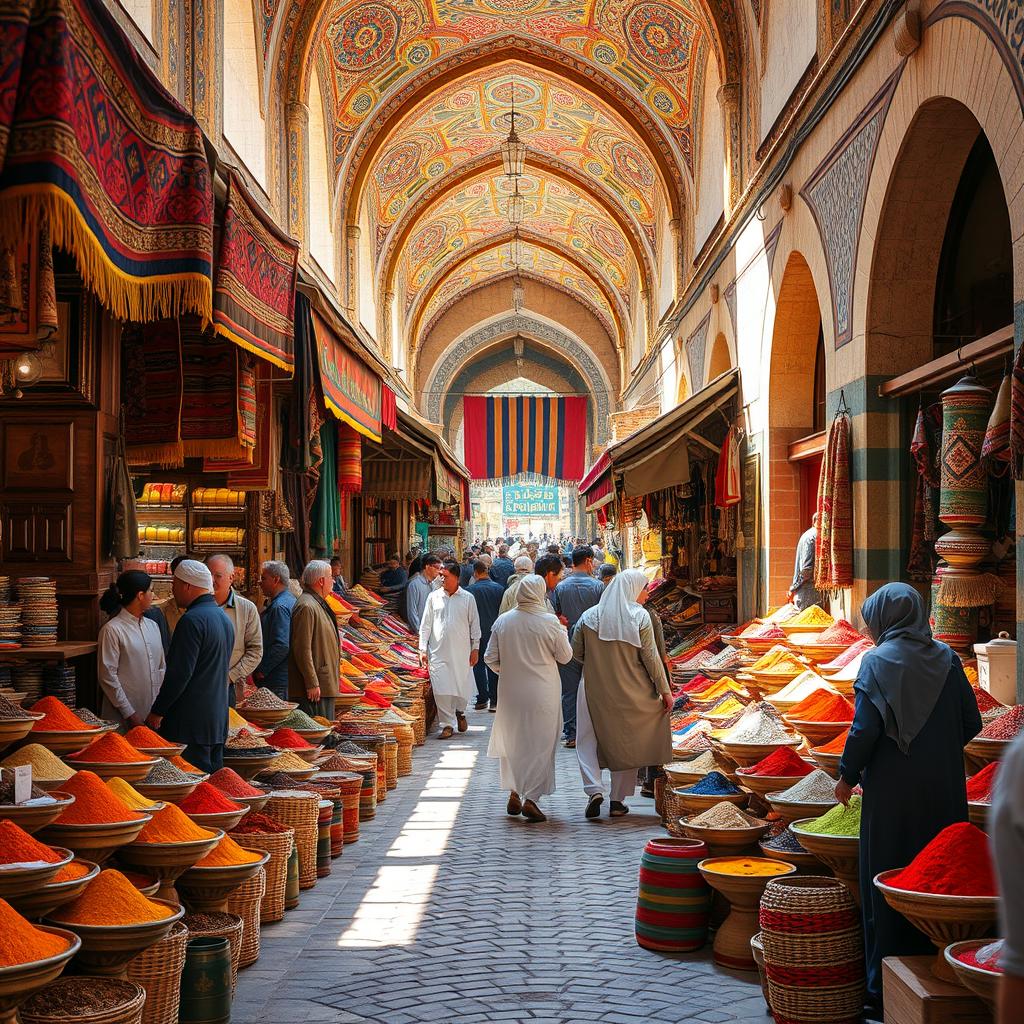 A vibrant, bustling Persian bazaar filled with colorful stalls selling spices, textiles, and handcrafted goods