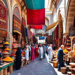 A vibrant, bustling Persian bazaar filled with colorful stalls selling spices, textiles, and handcrafted goods