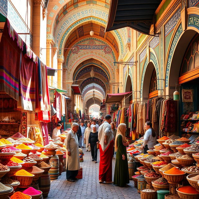 A vibrant, bustling Persian bazaar filled with colorful stalls selling spices, textiles, and handcrafted goods