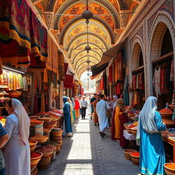 A vibrant, bustling Persian bazaar filled with colorful stalls selling spices, textiles, and handcrafted goods