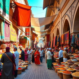 A vibrant, bustling Persian bazaar filled with colorful stalls selling spices, textiles, and handcrafted goods